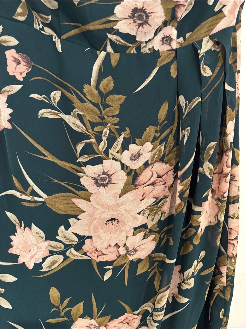 Green and Blush Floral Strapless Sweetheart Tulip Midi Dress. Size L - Picture 12 of 12